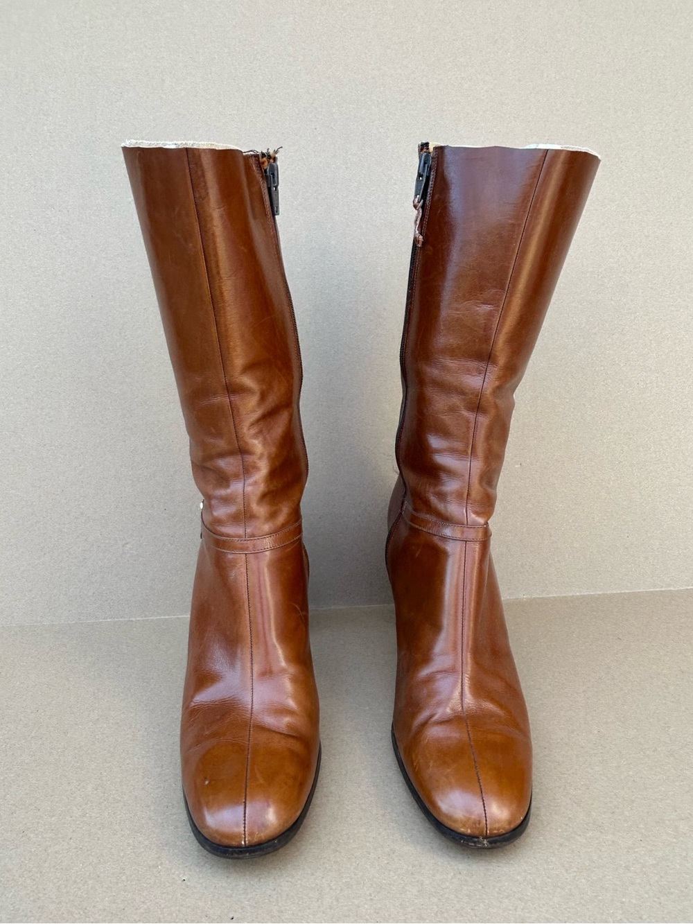 Vintage Ferragamo Leather Heeled Boots 10M Mid Calf Zip Up Classic Gold Upcycled - Picture 3 of 14